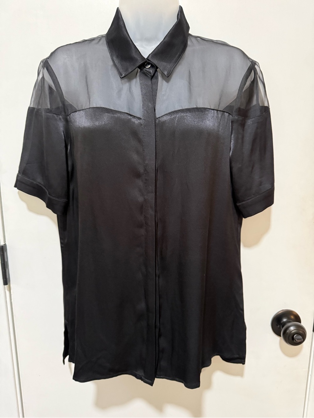 Women's Black Sheer Yoke Short-Sleeve Blouse-#1807